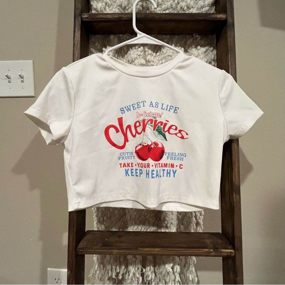 white cherry graphic tee crop top